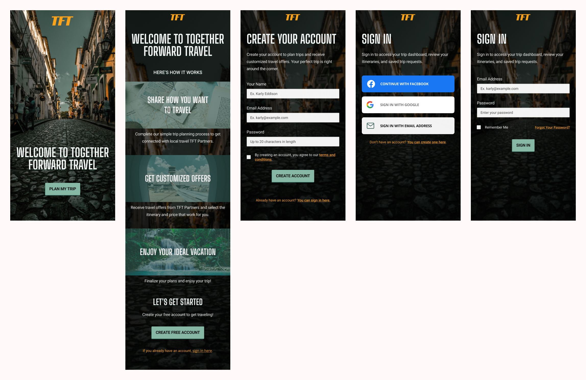 Final mock of splash page, onboarding, account creation, sign in process