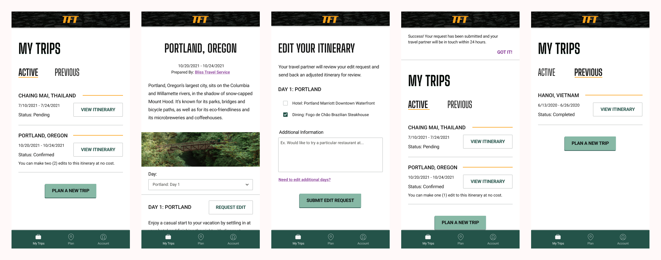 Final mock of my trip pages with edit itinerary process